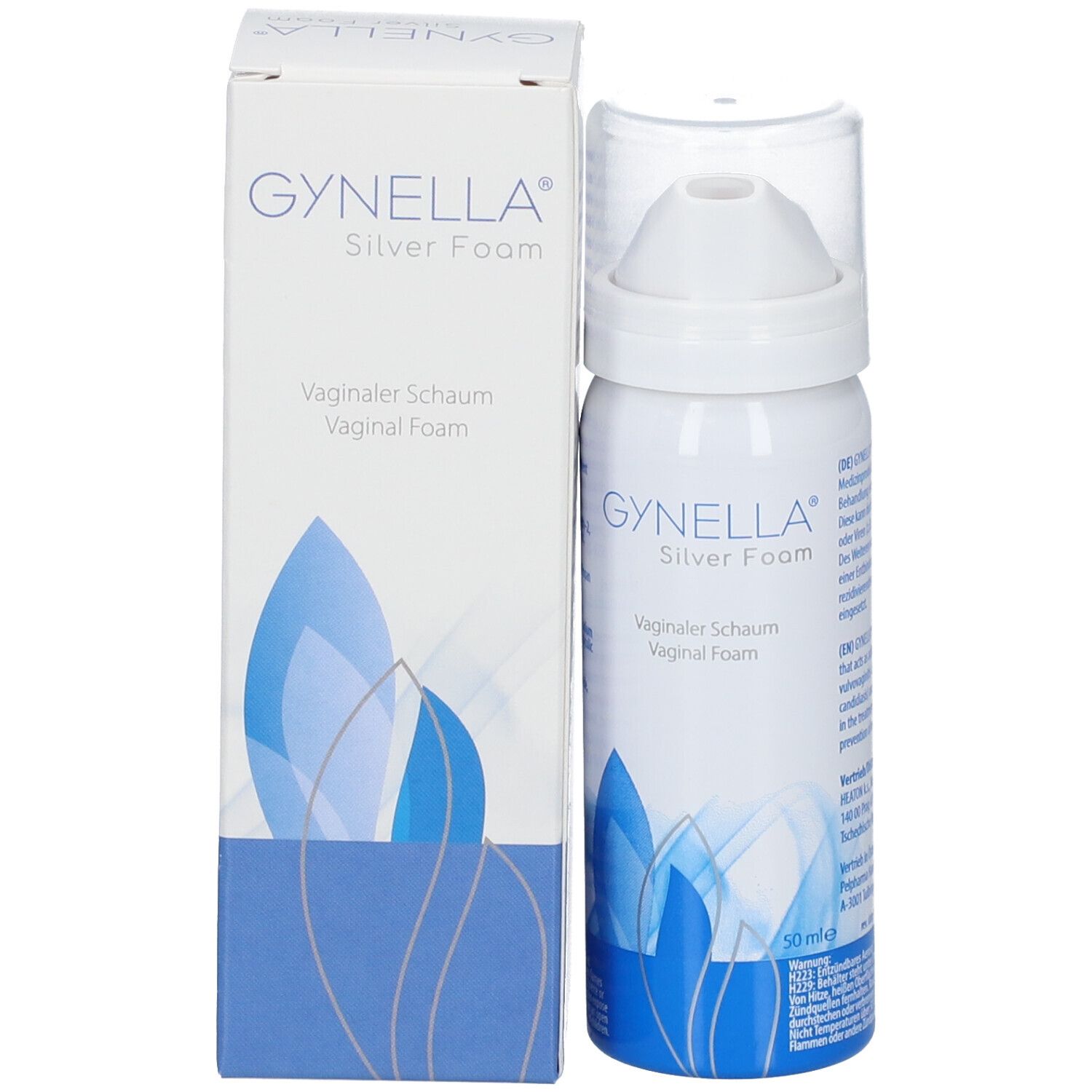 Produktverpackung und Flasche. Aufschrift: GYNELLA Silver Foam, Vaginaler Schaum. Blaue Grafik. 50 ml.