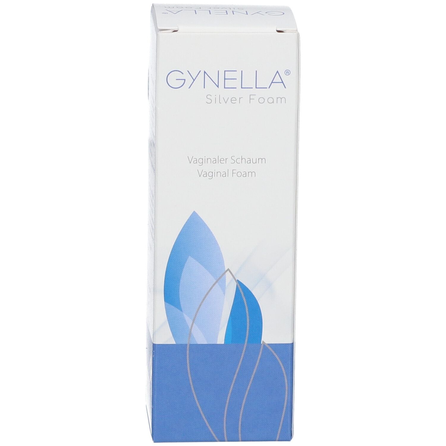 Produktverpackung. Aufschrift: GYNELLA Silver Foam, Vaginaler Schaum. Blaue Grafik.
