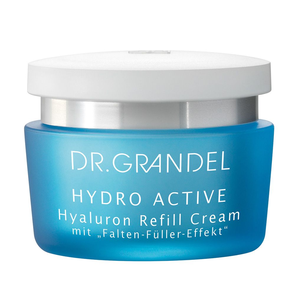 Blaues Creme-Glas mit weißem Deckel. Aufschrift: DR. GRANDEL HYDRO ACTIVE Hyaluron Refill Cream.