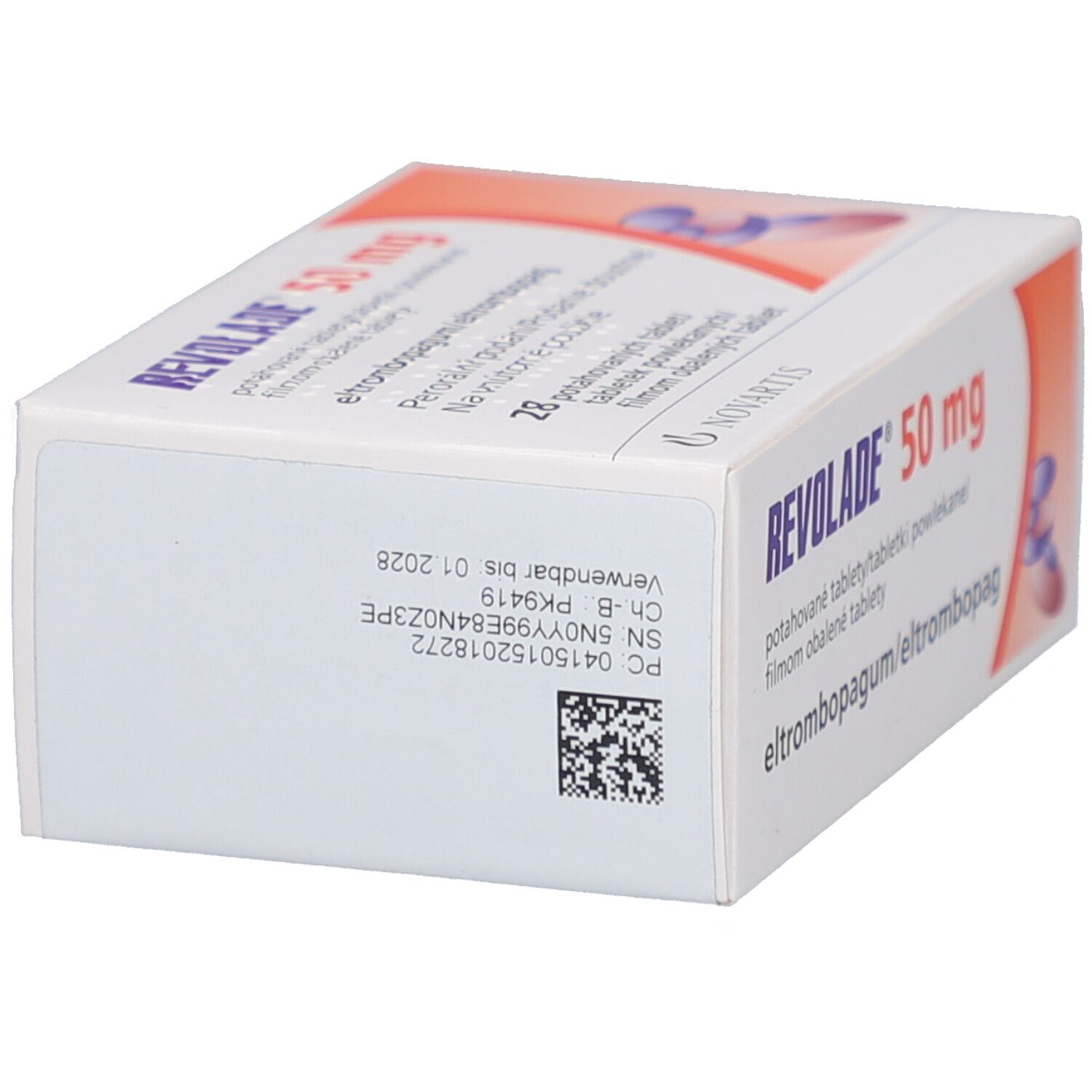 Seitenansicht der REVOLADE 50 mg Schachtel. Informationen wie Chargennummer und Verfallsdatum sind sichtbar.