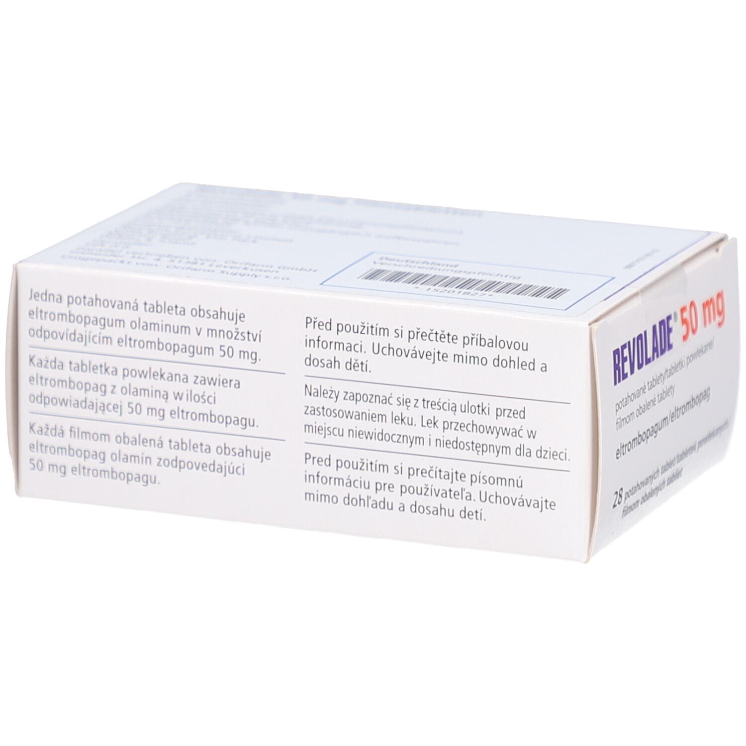 Rückseite der REVOLADE 50 mg Schachtel. Textliche Informationen und Hinweise sind aufgedruckt.