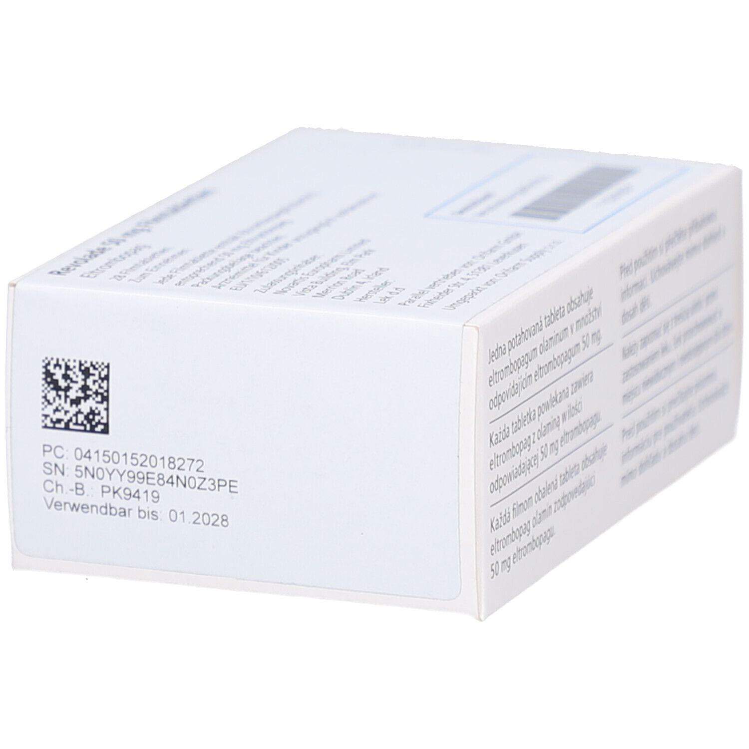 Seitenansicht der REVOLADE 50 mg Schachtel. Details wie Chargennummer und Verfallsdatum sind sichtbar.