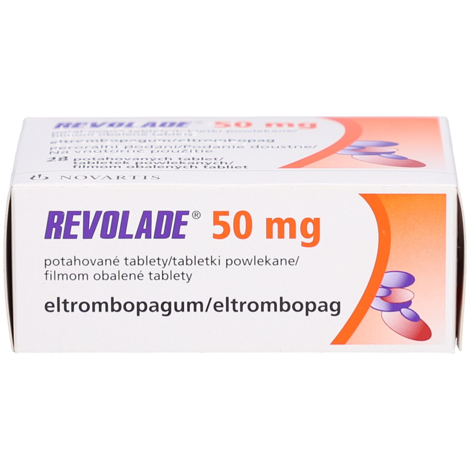 REVOLADE 50 mg Schachtel. Produktname und Dosierung in lila Schrift auf weißem Hintergrund.