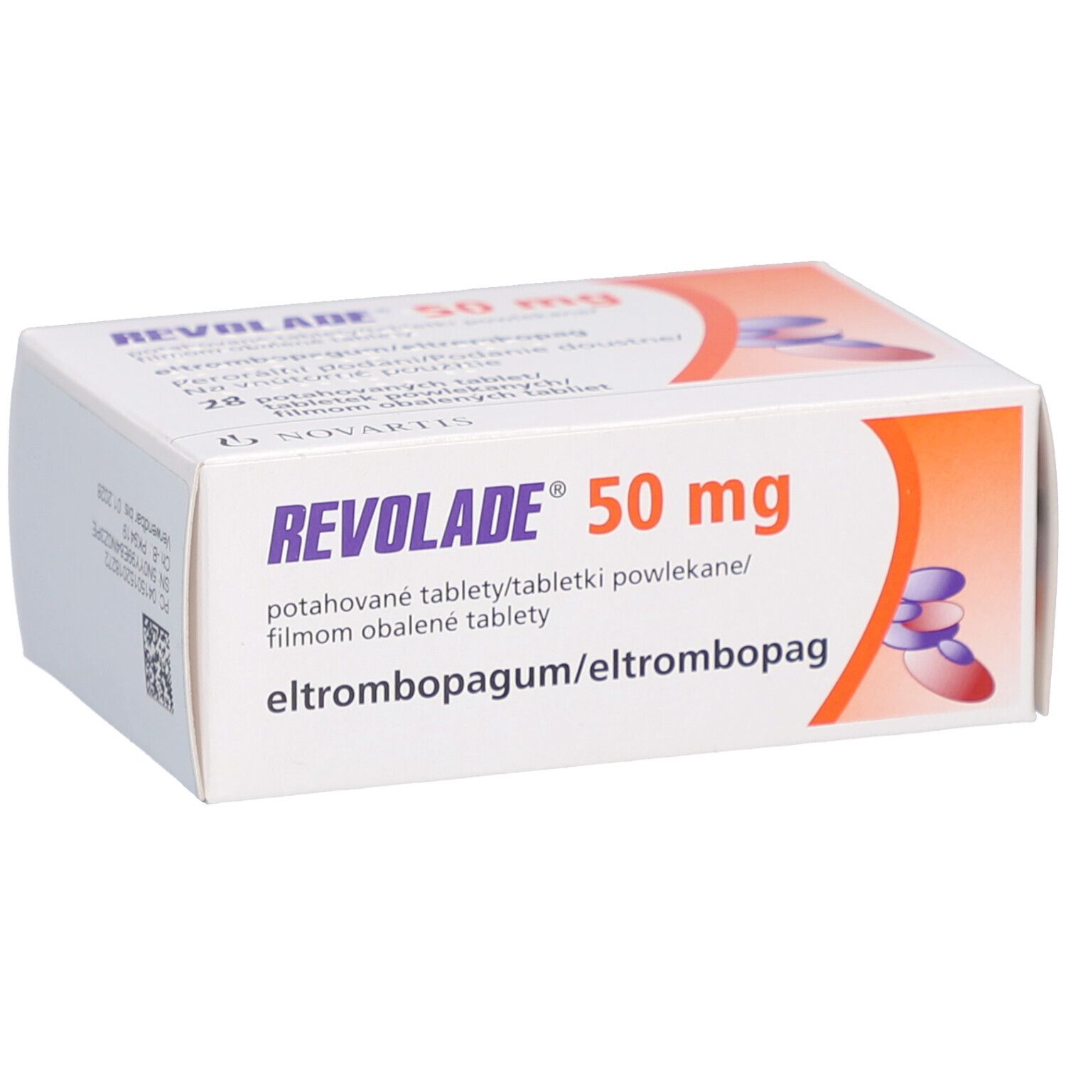 REVOLADE 50 mg Schachtel. Weiße Verpackung mit orangefarbenem Akzent und Produktinformationen.