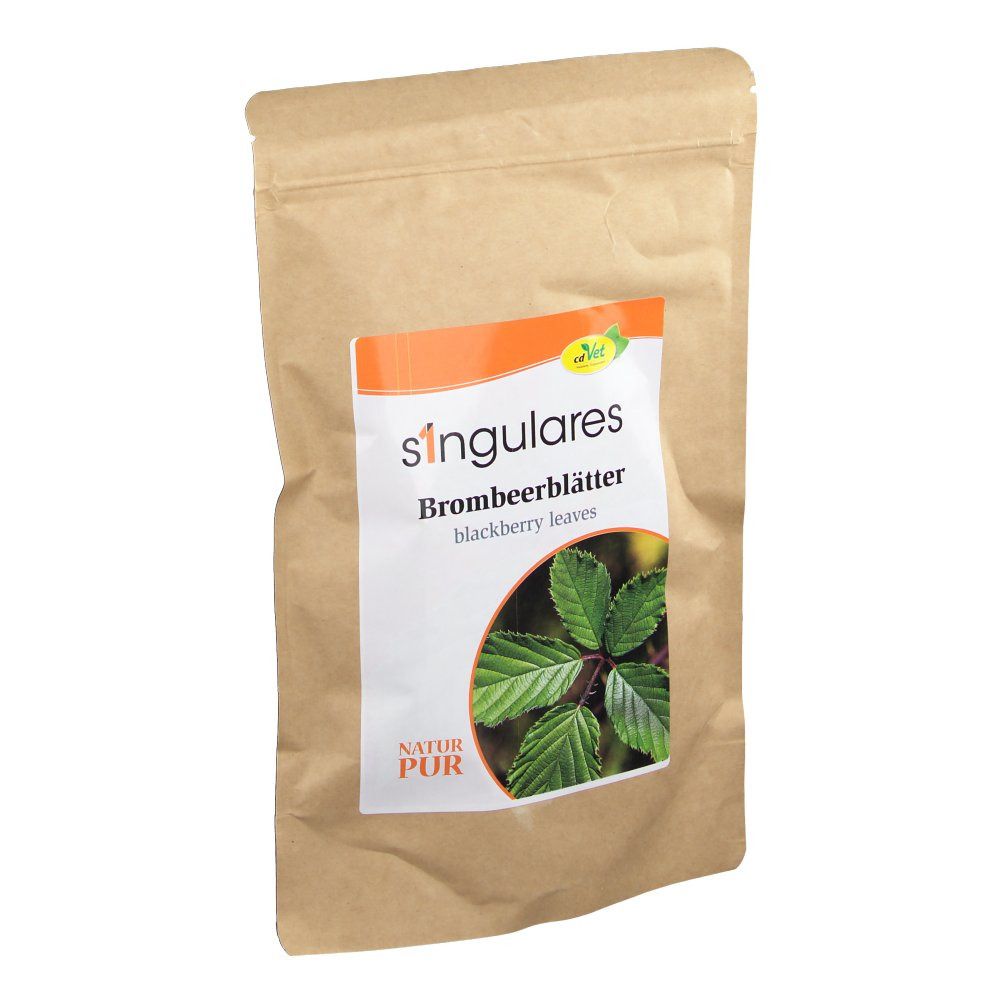 Beutel mit singulares Brombeerblätter. Aufkleber mit Produktname, Blättern und Logo.