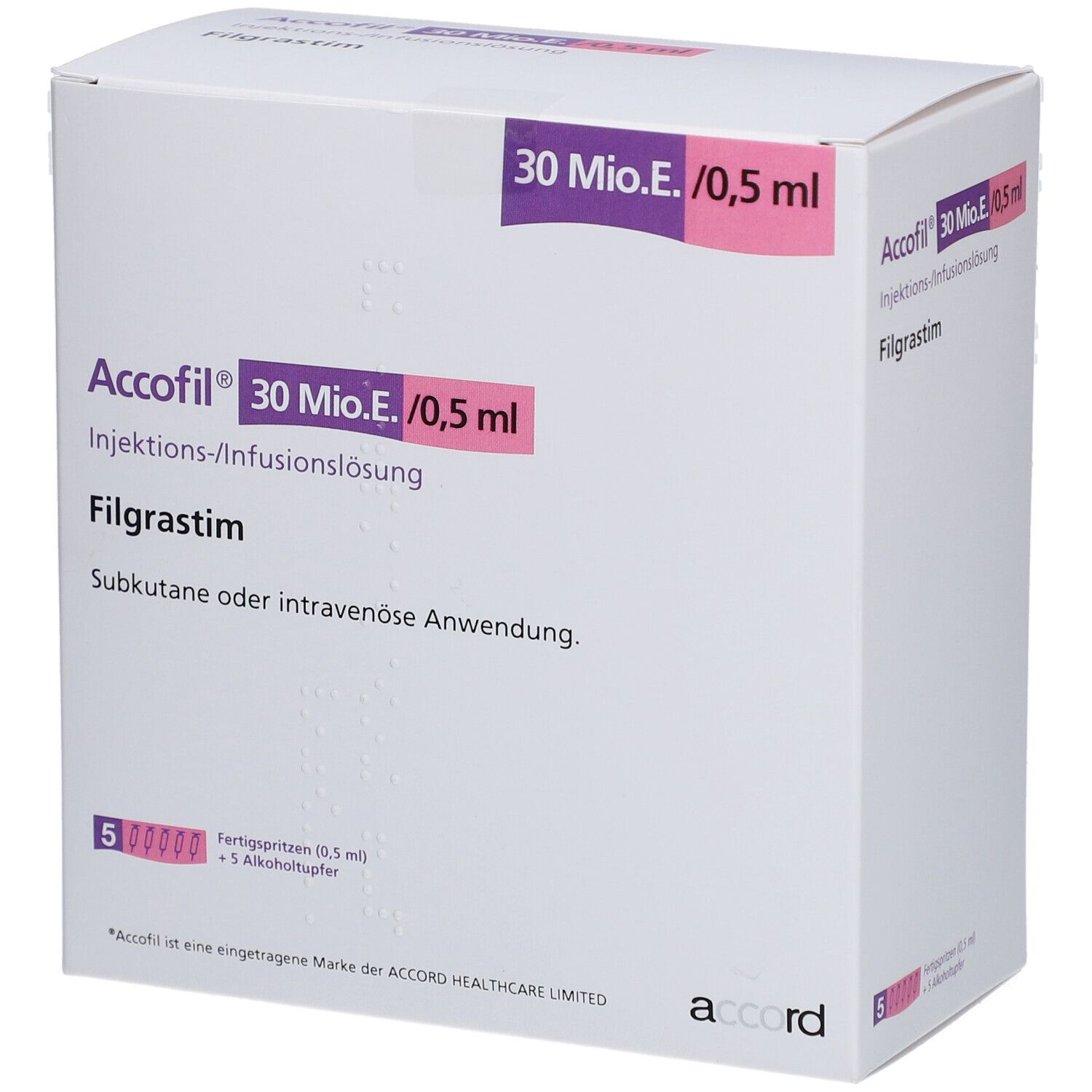 Weißer Karton mit Aufschrift Accofil 30 Mio.E./0,5 ml, Filgrastim. Enthält 5 Fertigspritzen und Alkoholtupfer.
