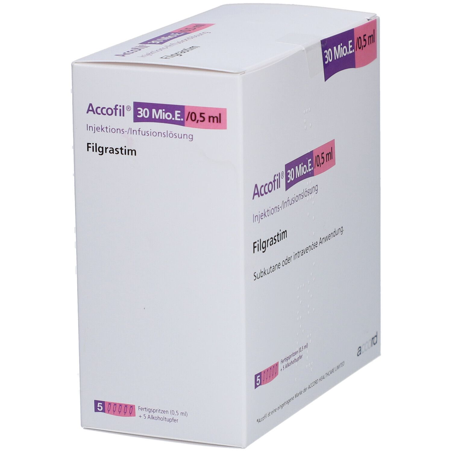 Weißer Karton mit Accofil 30 Mio.E./0,5 ml, Filgrastim. Enthält 5 Fertigspritzen und Alkoholtupfer. Ansicht schräg.