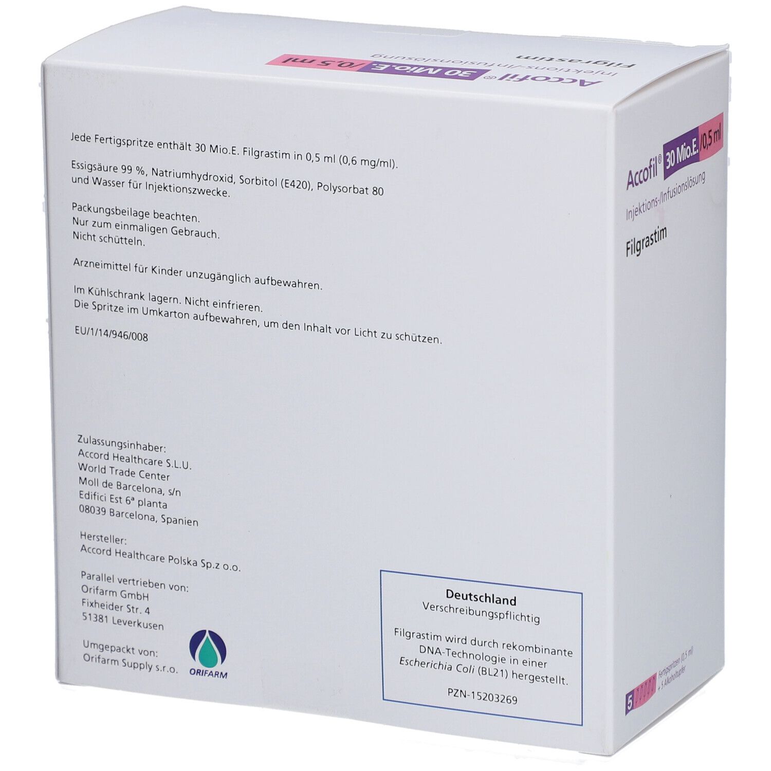 Rückseite des weißen Kartons mit Accofil. Textinformationen, darunter Inhaltsstoffe, Hersteller und Zulassung.