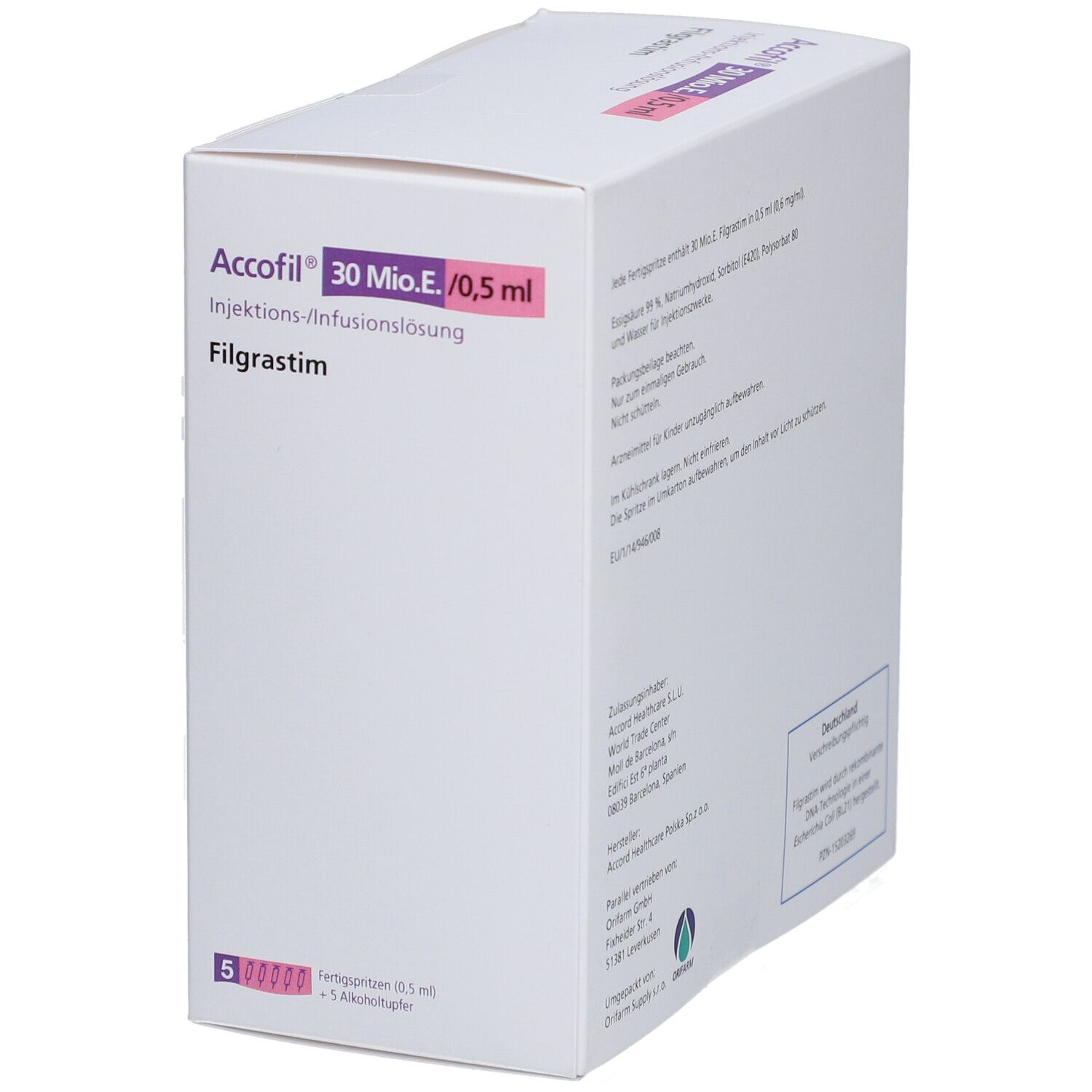 Weißer Karton mit Accofil 30 Mio.E./0,5 ml, Filgrastim. Enthält 5 Fertigspritzen. Schräge Ansicht.
