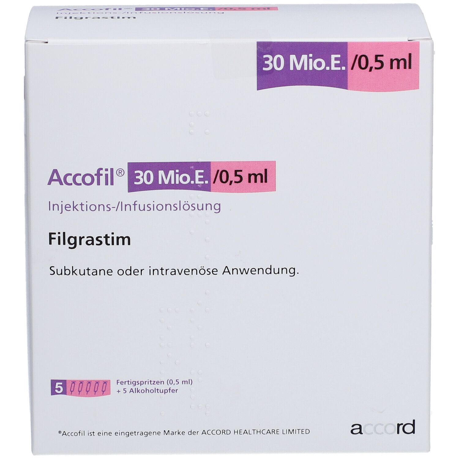 Weißer Karton mit Accofil 30 Mio.E./0,5 ml, Filgrastim. Enthält 5 Fertigspritzen und Alkoholtupfer.