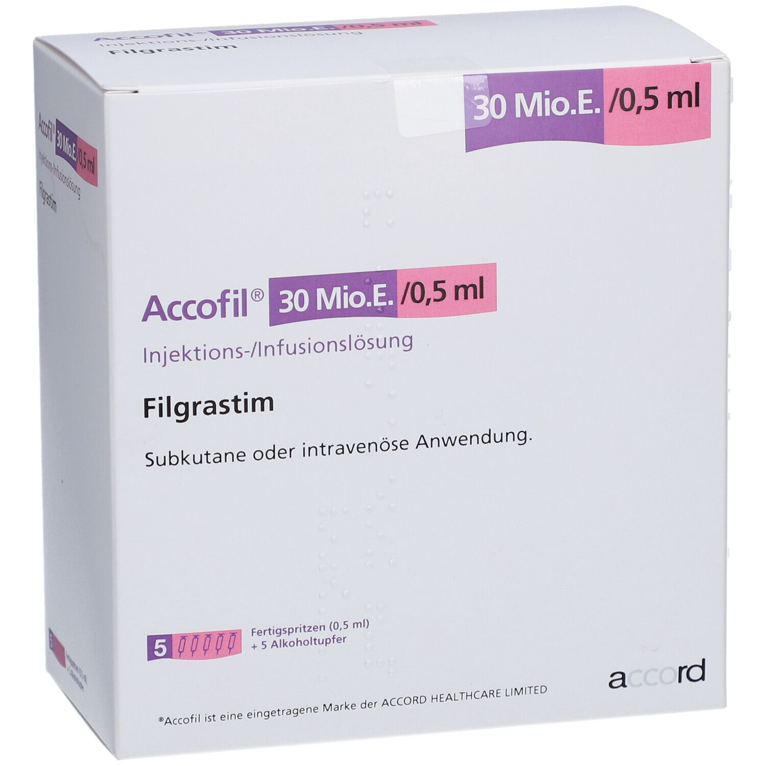 Weißer Karton mit Accofil 30 Mio.E./0,5 ml, Filgrastim. Enthält 5 Fertigspritzen und Alkoholtupfer.