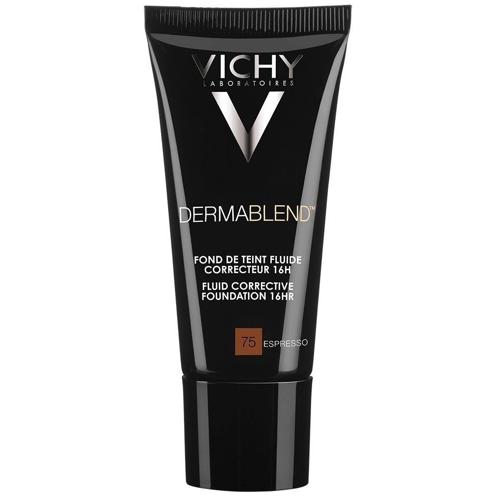 Dunkle Tube mit VICHY-Logo und Dermablend-Schriftzug. Farbton 75 Espresso. Flüssige, korrigierende Foundation.