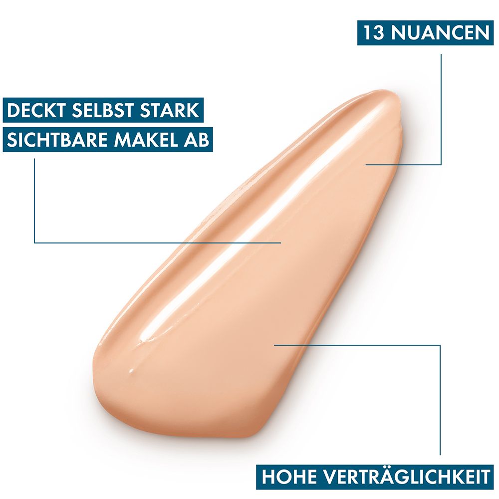 Farbton-Auftrag. Text: Deckt selbst stark sichtbare Makel ab. 13 Nuancen. Hohe Verträglichkeit.