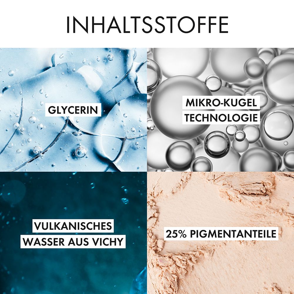 Inhaltsstoffe: Glycerin, Mikro-Kugel Technologie, Vulkanisches Wasser aus Vichy, 25% Pigmentanteile.