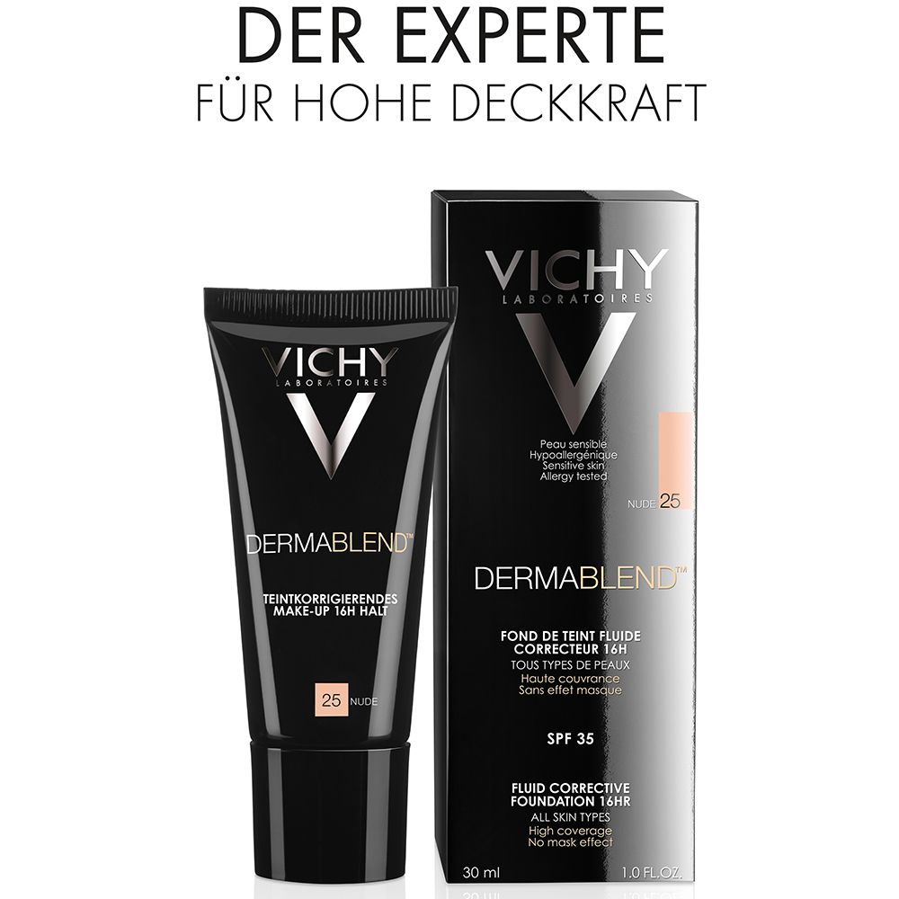 Vichy Dermablend Foundation und Verpackung. Text: DER EXPERTE FÜR HOHE DECKKRAFT. SPF 35. 30 ml.