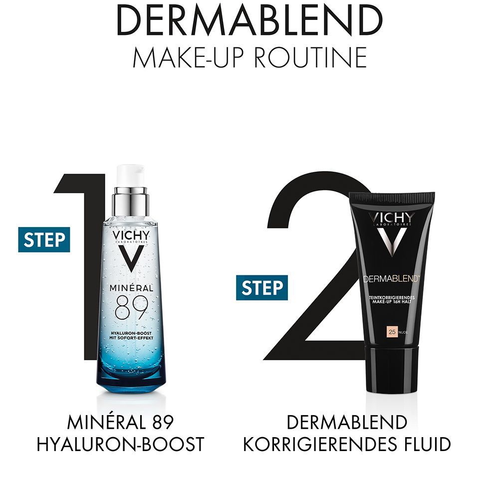 Schritte für die Make-up-Routine. 1: Mineral 89. 2: Dermablend korrigierendes Fluid. Produkte nebeneinander.