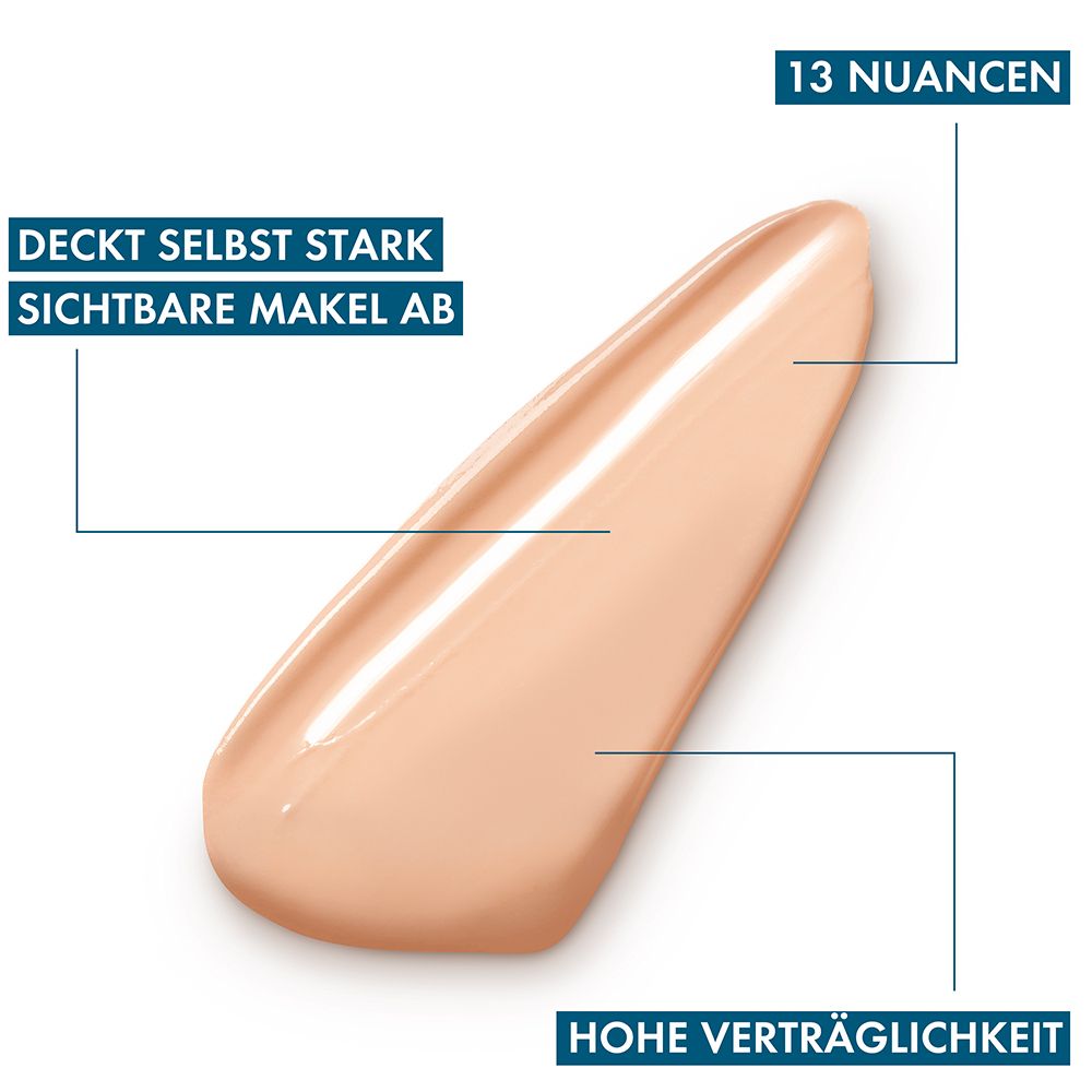 Farbton-Test. Text: DECKT SELBST STARK SICHTBARE MAKEL AB, 13 NUANCEN, HOHE VERTRÄGLICHKEIT.