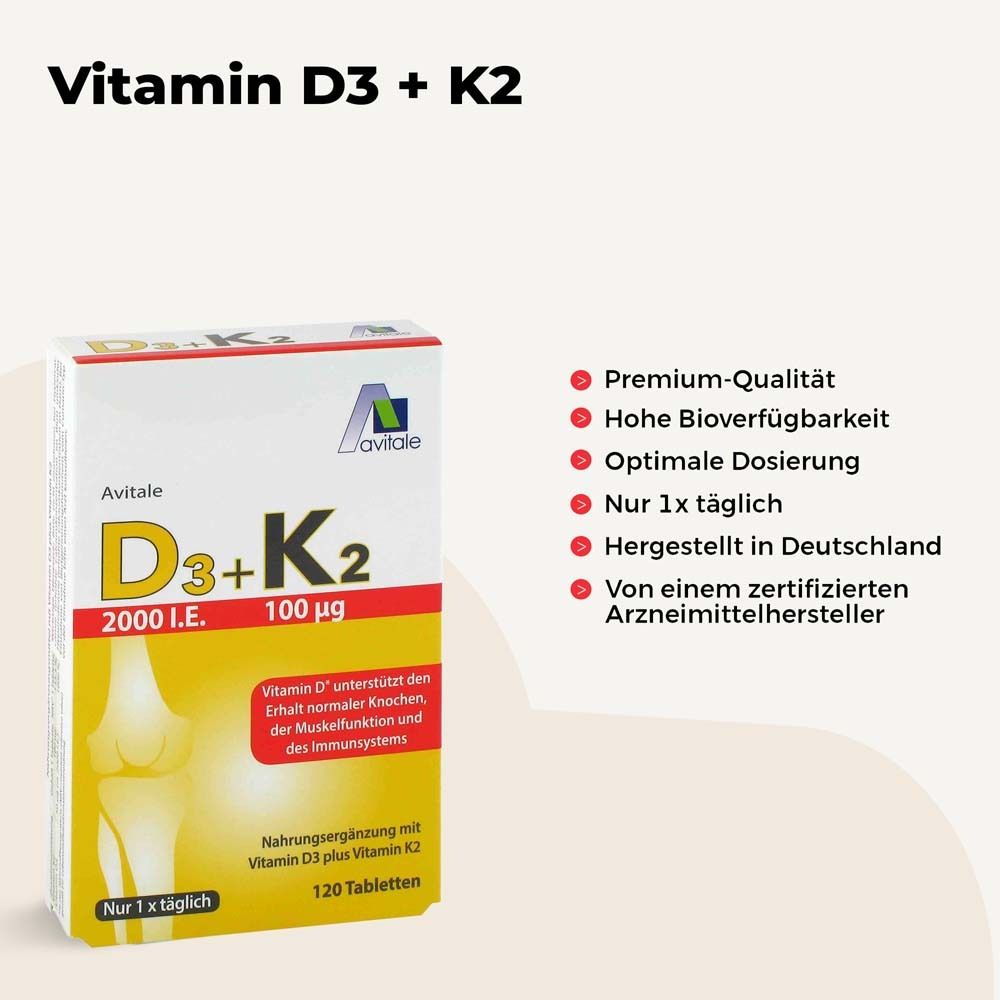 Vitamin D3 + K2 Tabletten (2000 I.E.+100 µg) f. Knochen, Muskeln und Immunsystem