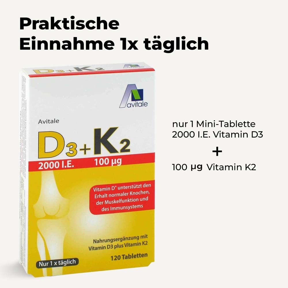 Verpackung von Vitamin D3 + K2 Tabletten. Enthält 120 Tabletten. Aufschrift: Avitale D3+K2, 2000 I.E. + 100 µg. Text: Praktische Einnahme.