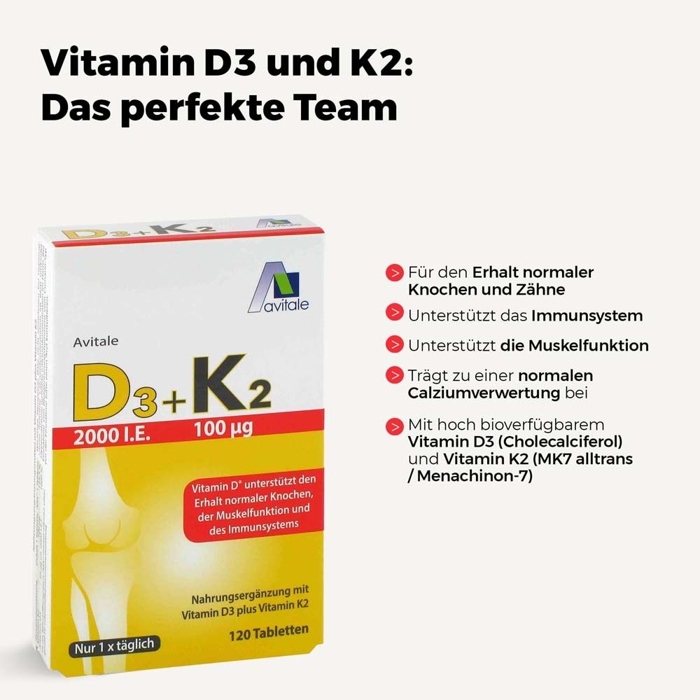 Verpackung von Vitamin D3 + K2 Tabletten. Enthält 120 Tabletten. Aufschrift: Avitale D3+K2, 2000 I.E. + 100 µg. Zusätzliche Informationen.