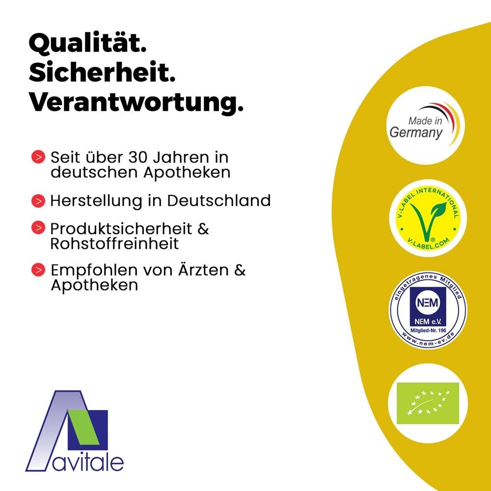 Qualitätsmerkmale. Logos: Made in Germany, V-Label, NEM, Bio-Siegel. Text: Qualität. Sicherheit. Verantwortung.