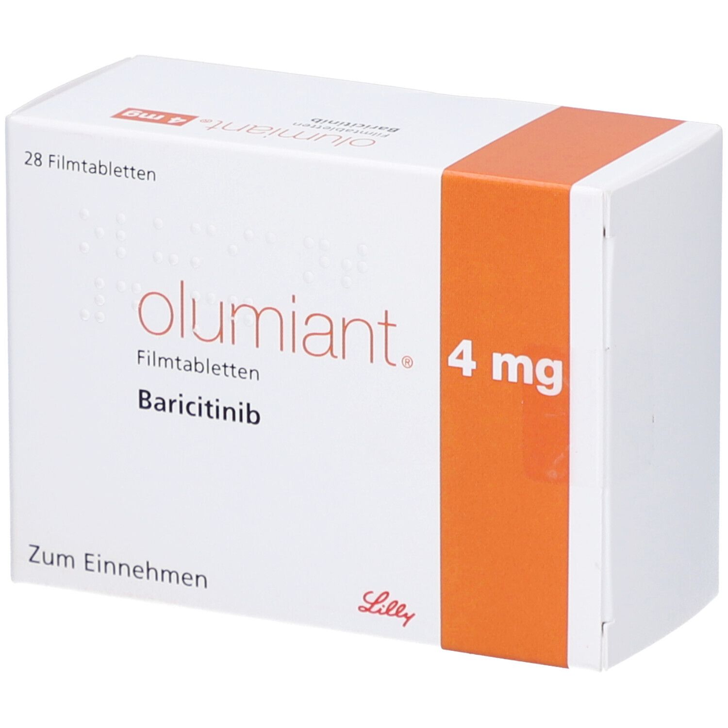 Weiße Schachtel mit orangefarbenem Akzent. Aufschrift: olumiant 4 mg Filmtabletten, Baricitinib. 28 Filmtabletten.