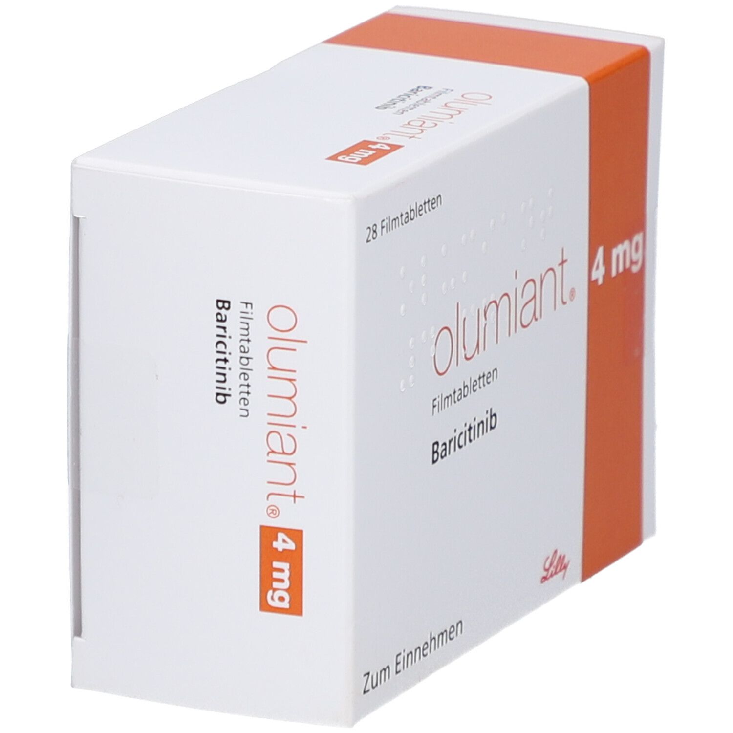 Schachtel, weiß mit orangefarbenem Akzent. Aufschrift: olumiant 4 mg Filmtabletten, Baricitinib. 28 Filmtabletten.
