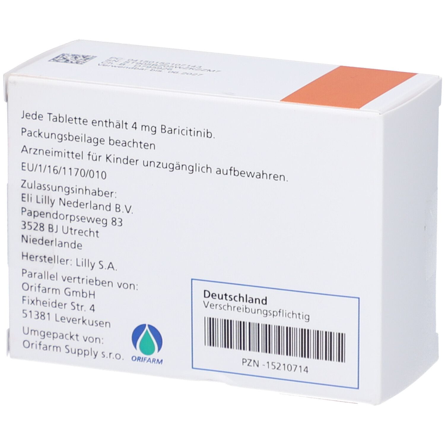 Rückseite der weißen Schachtel. Text: 4 mg Baricitinib, Packungsbeilage beachten, EU-Zulassung, Hersteller Lilly.