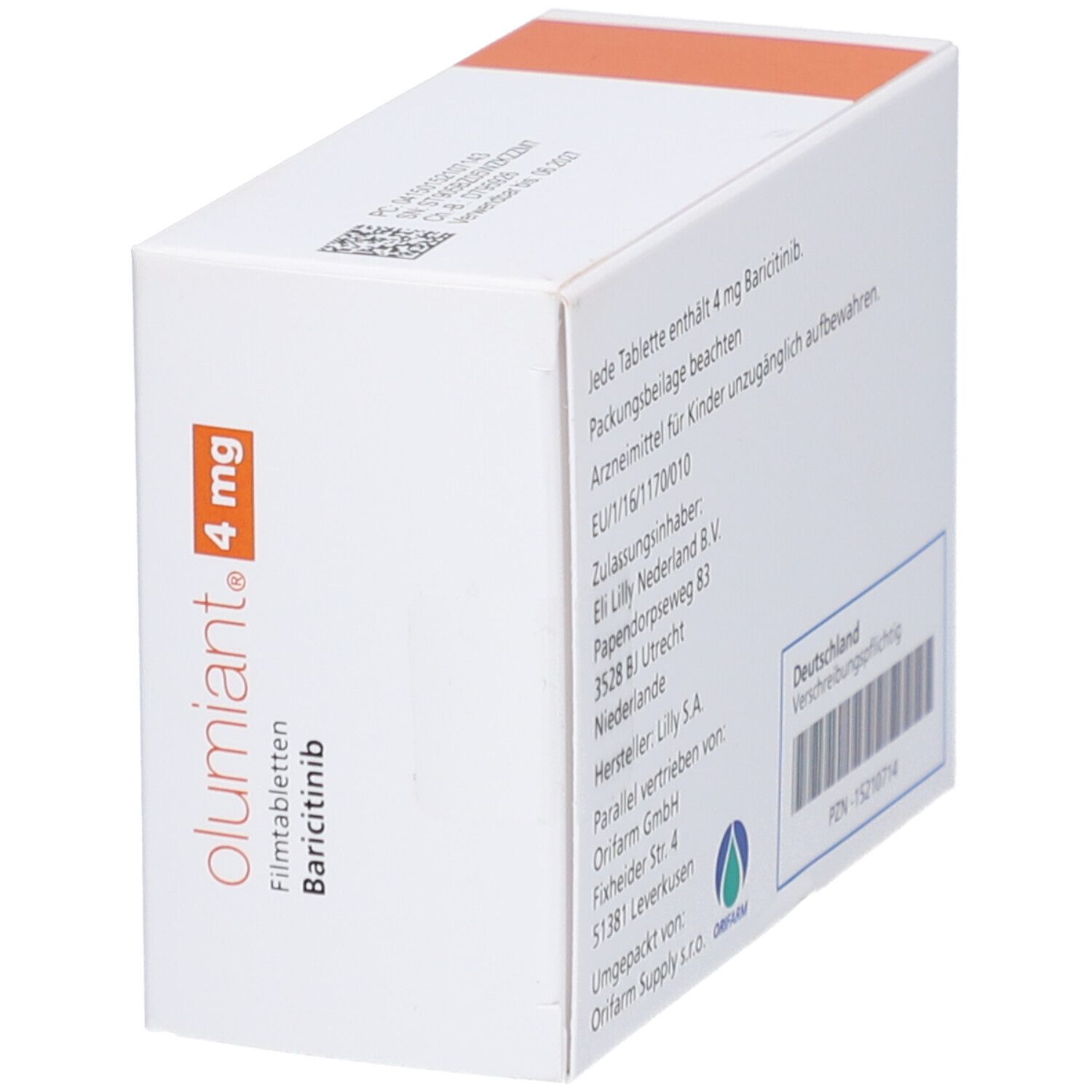 Weiße Schachtel mit orangefarbenem Akzent. Aufschrift: olumiant 4 mg Filmtabletten, Baricitinib. 28 Filmtabletten.