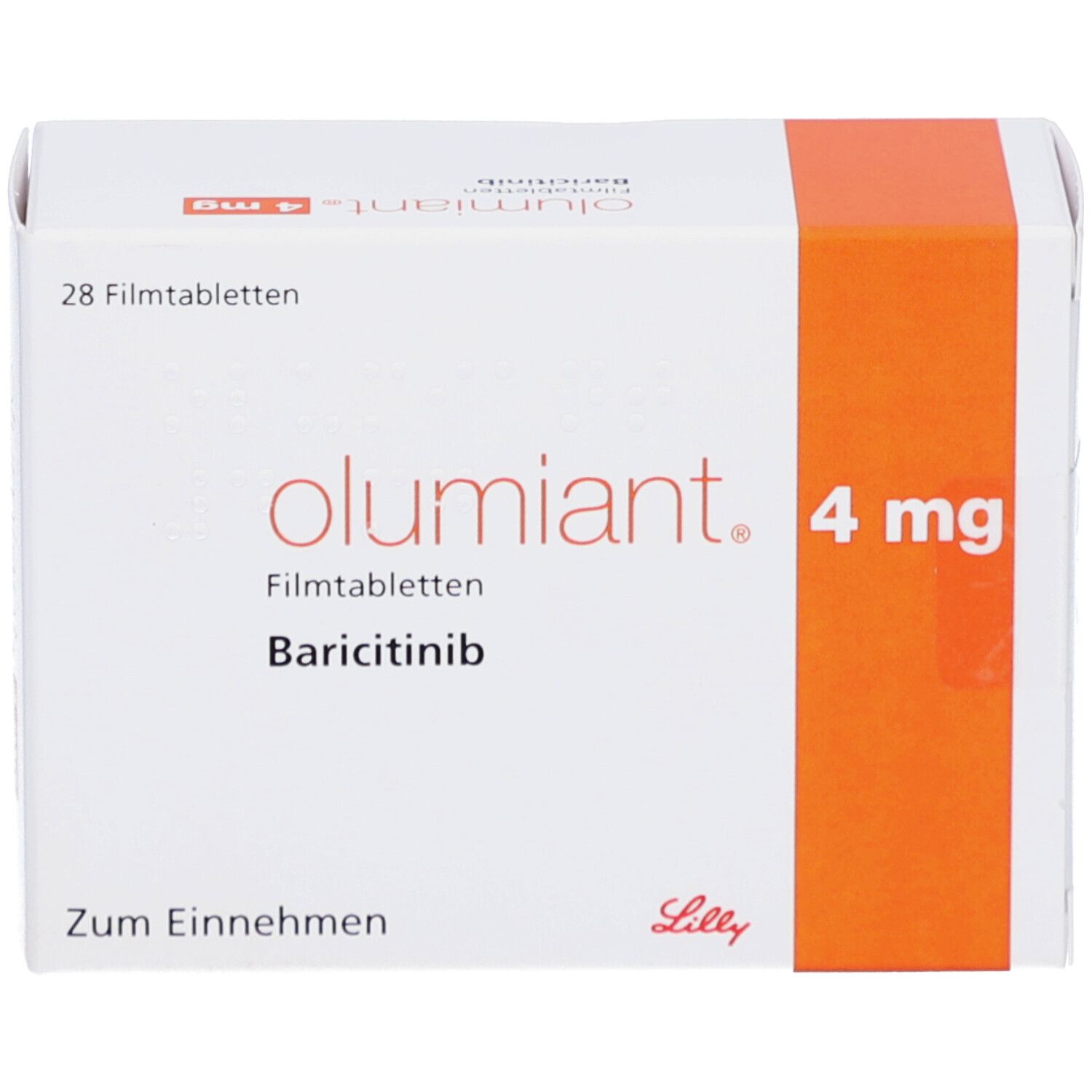 Weiße Schachtel mit orangefarbenem Akzent. Aufschrift: olumiant 4 mg Filmtabletten, Baricitinib. 28 Filmtabletten.