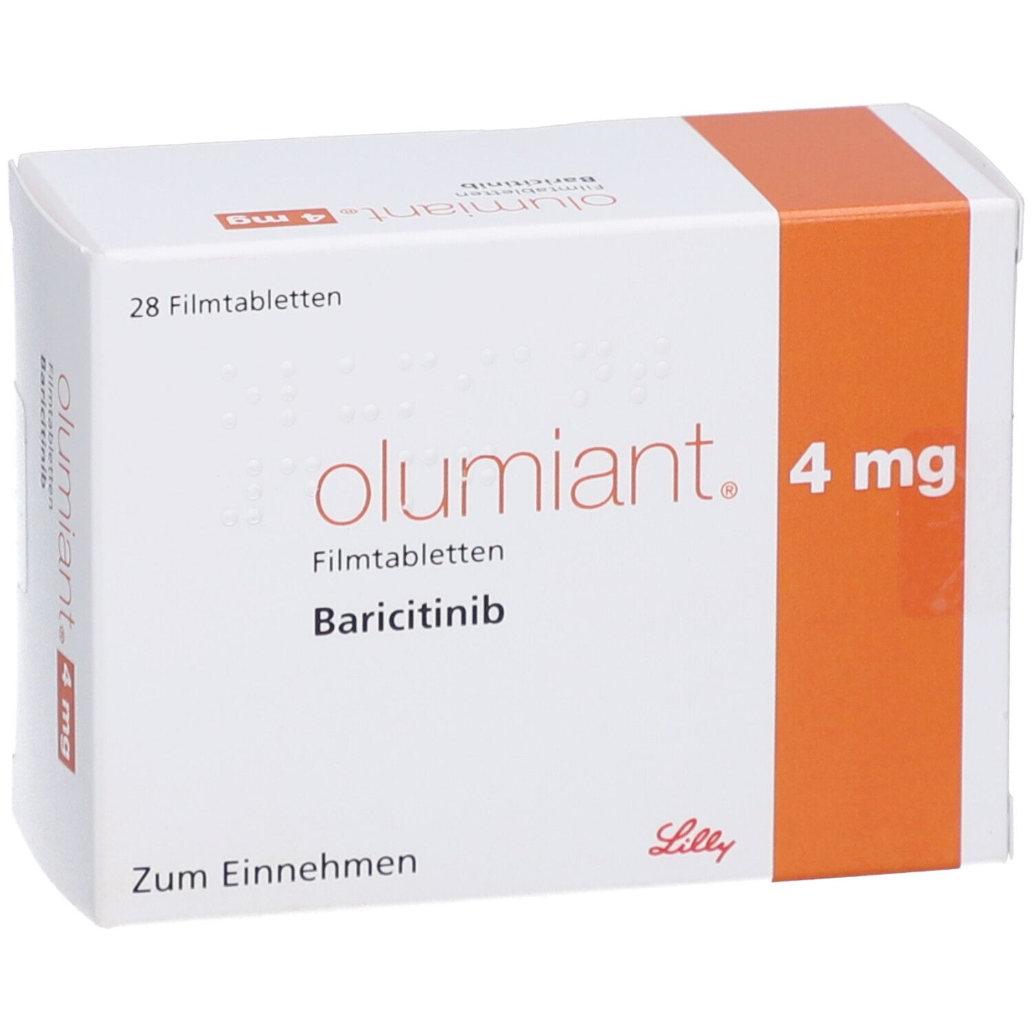 Weiße Schachtel mit orangefarbenem Akzent. Aufschrift: olumiant 4 mg Filmtabletten, Baricitinib. 28 Filmtabletten.