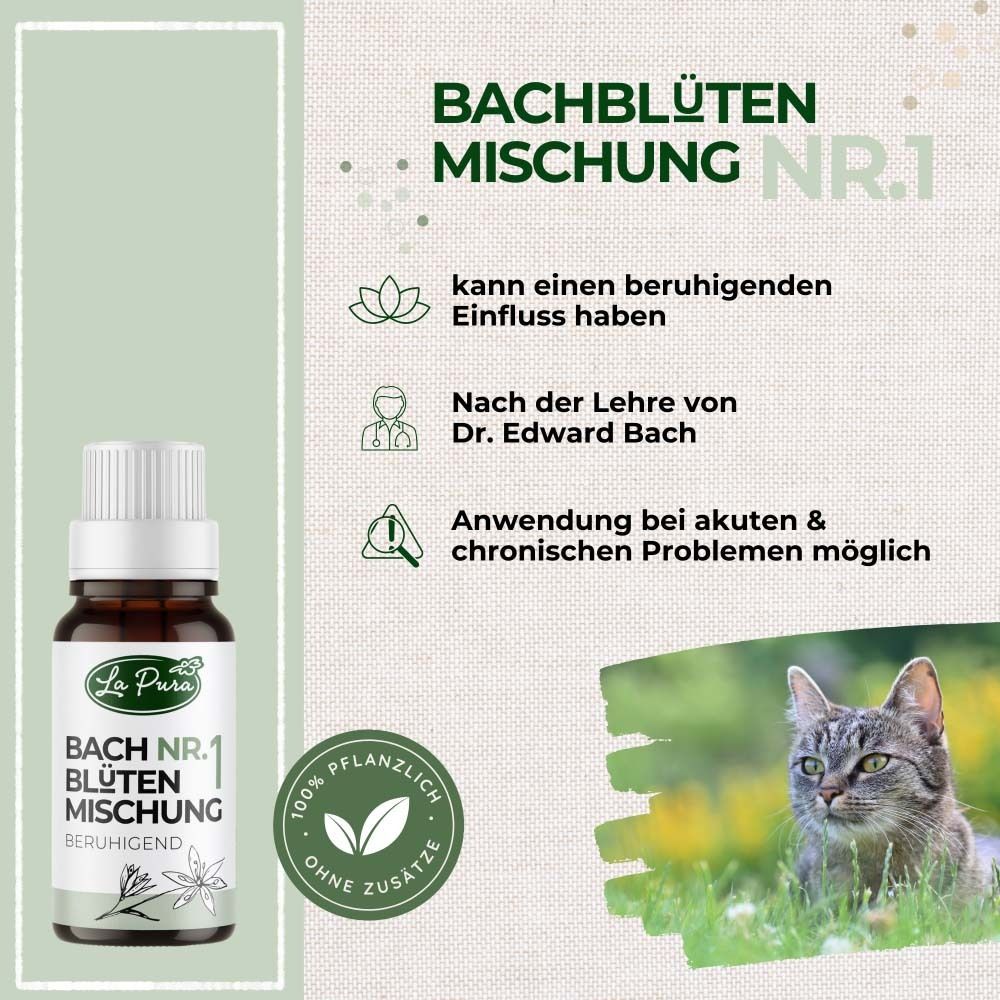 Flasche mit LaPura-Logo. Bachblütenmischung NR.1, beruhigend. 100% pflanzlich. Ohne Zusätze. Katze im Hintergrund.