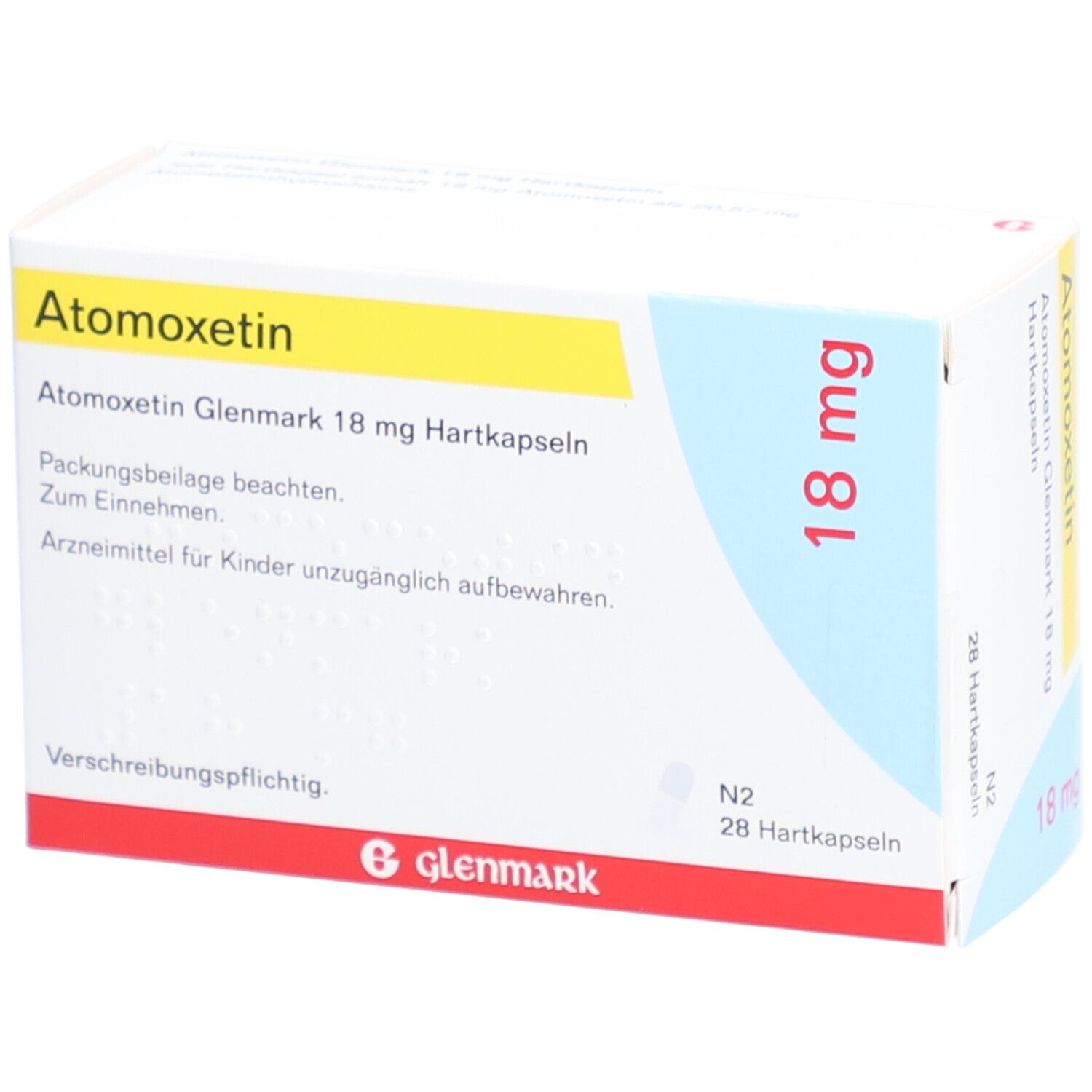 Atomoxetin Glenmark 18 mg Hartkapseln. Weiße Schachtel mit gelbem und blauem Design. Aufschrift: 18 mg, 28 Hartkapseln, Glenmark.