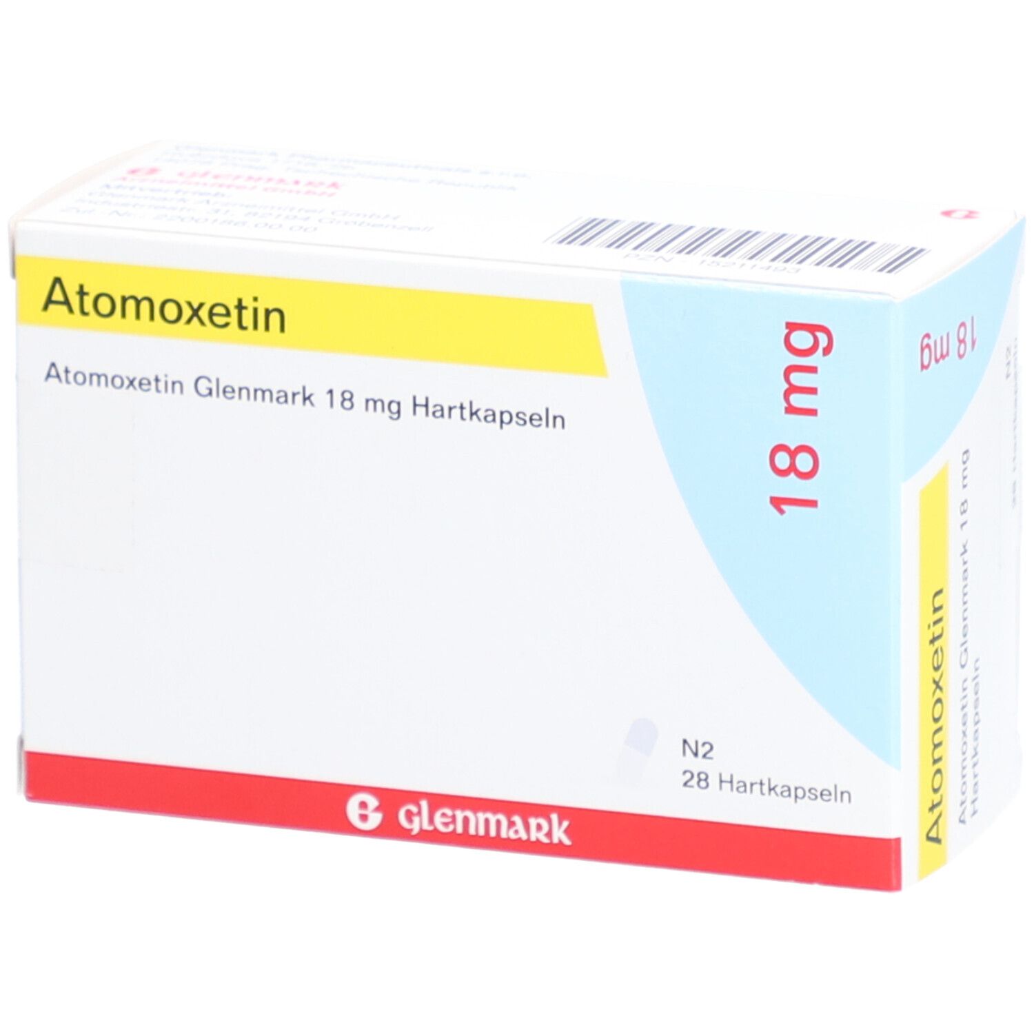 Atomoxetin Glenmark 18 mg Hartkapseln. Weiße Schachtel mit gelbem und blauem Design. Aufschrift: 18 mg, 28 Hartkapseln, Glenmark.