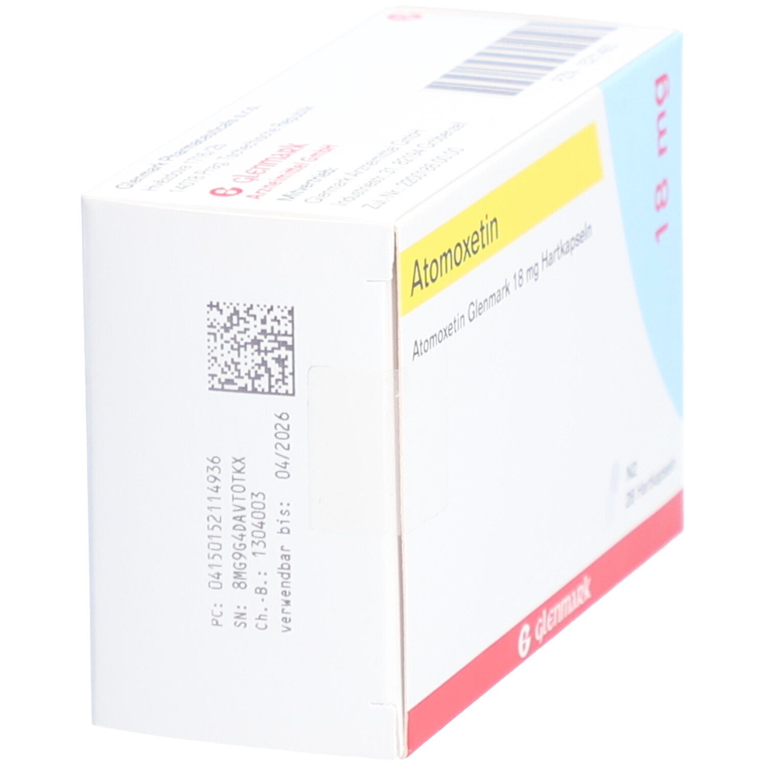 Atomoxetin Glenmark 18 mg Hartkapseln. Weiße Schachtel mit gelbem und blauem Design. Aufschrift: 18 mg, 28 Hartkapseln, Glenmark. Barcode und Verfallsdatum.