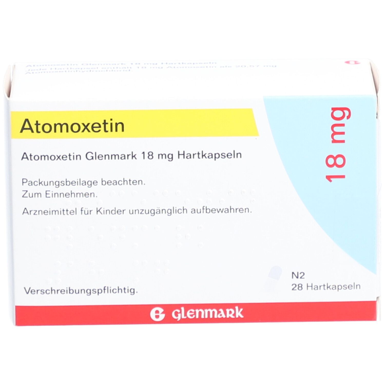 Atomoxetin Glenmark 18 mg Hartkapseln. Weiße Schachtel mit gelbem und blauem Design. Aufschrift: 18 mg, 28 Hartkapseln, Glenmark.