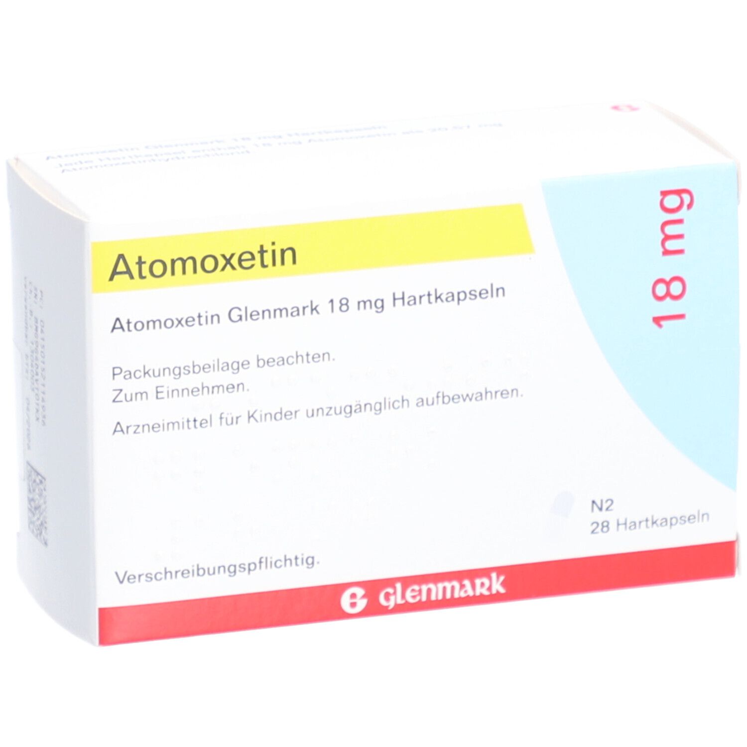 Atomoxetin Glenmark 18 mg Hartkapseln. Weiße Schachtel mit gelbem und blauem Design. Aufschrift: 18 mg, 28 Hartkapseln, Glenmark.