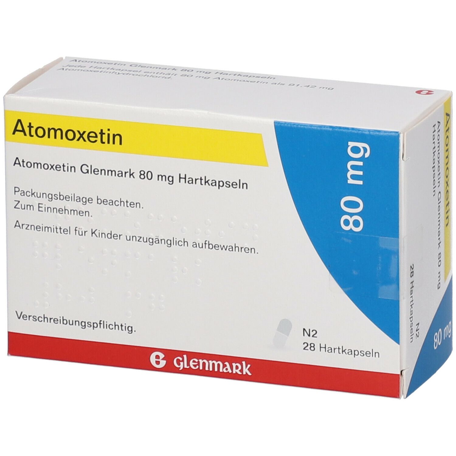 Atomoxetin Glenmark 80 mg Hartkapseln. Weiße Schachtel mit gelben und blauen Akzenten. Aufschrift: 80 mg, Glenmark.