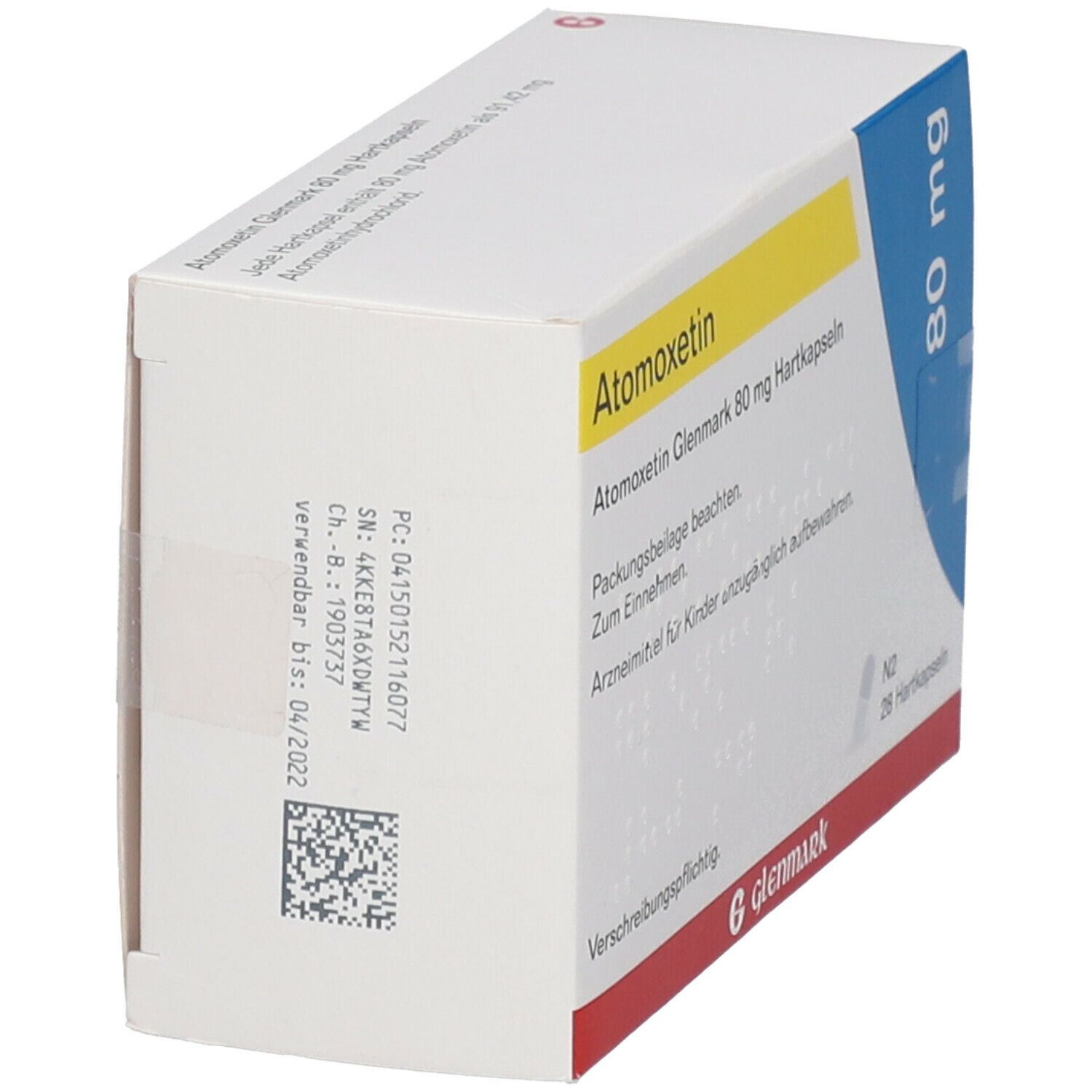 Atomoxetin Glenmark 80 mg-Verpackung. Weiße Schachtel mit gelben und blauen Details. Aufschrift: 80 mg, Glenmark.
