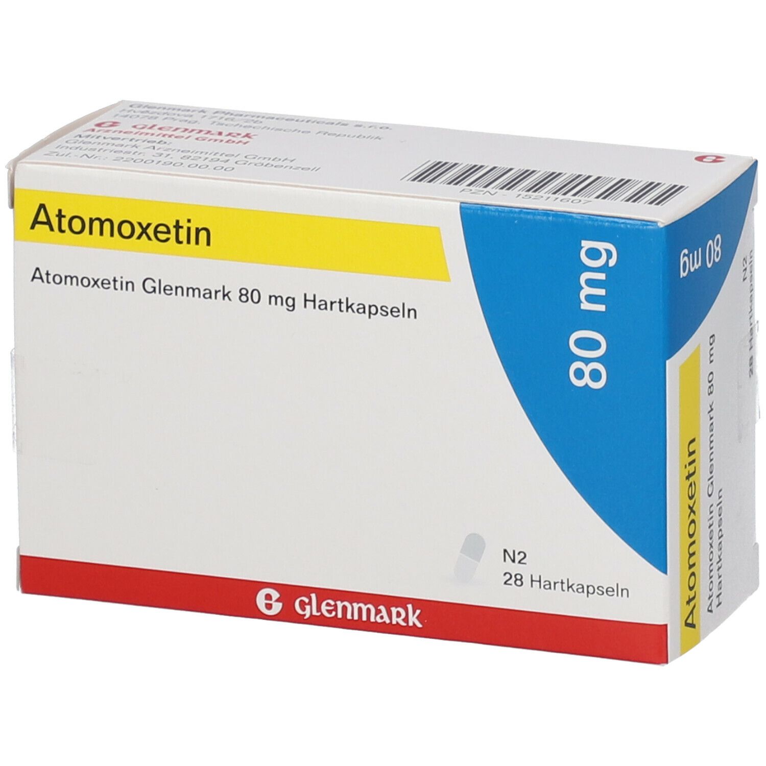 Atomoxetin Glenmark 80 mg Hartkapseln. Weiße Schachtel mit gelben und blauen Akzenten. Aufschrift: 80 mg, Glenmark.
