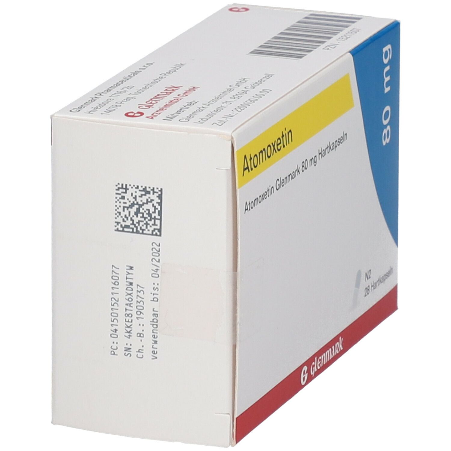 Atomoxetin Glenmark 80 mg-Verpackung. Weiße Schachtel mit gelben und blauen Details. Aufschrift: 80 mg, Glenmark.