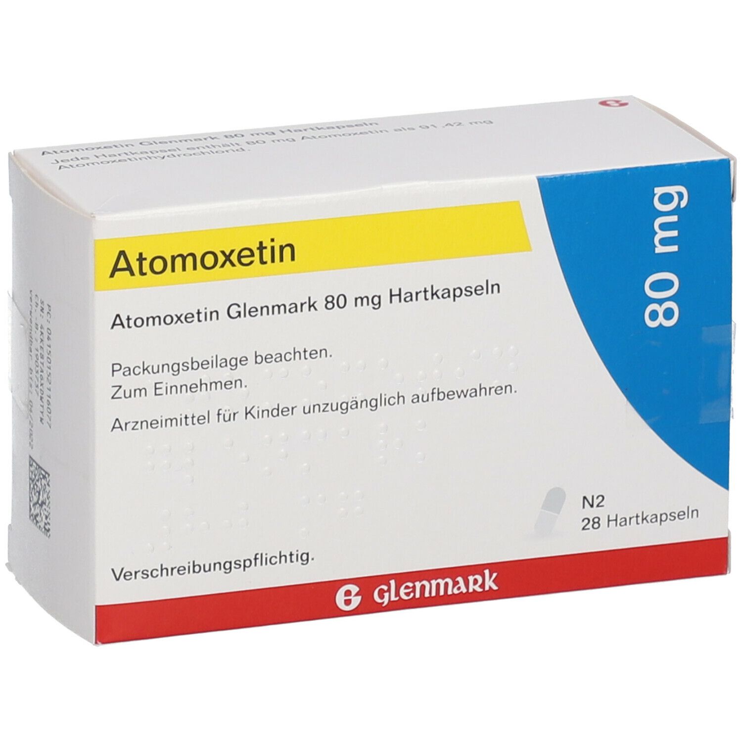 Atomoxetin Glenmark 80 mg-Verpackung. Weiße Schachtel mit gelben und blauen Details. Aufschrift: 80 mg, Glenmark.