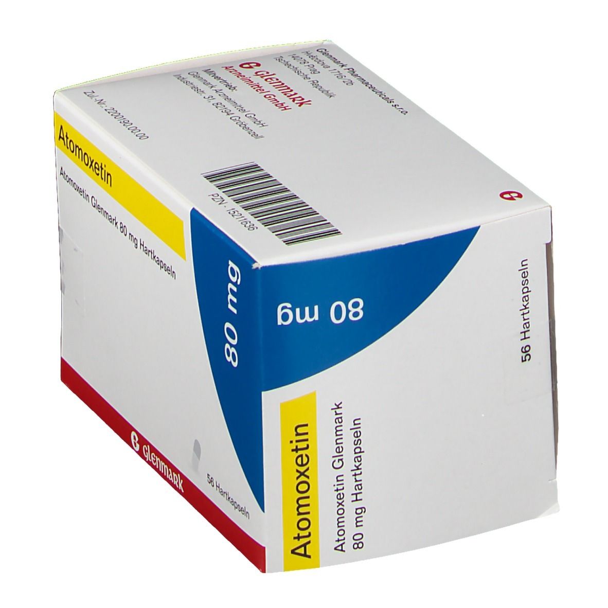 Atomoxetin Glenmark 80 mg Hartkapseln. Weiße Schachtel mit blauer und gelber Beschriftung. 56 Hartkapseln. Glenmark Logo.