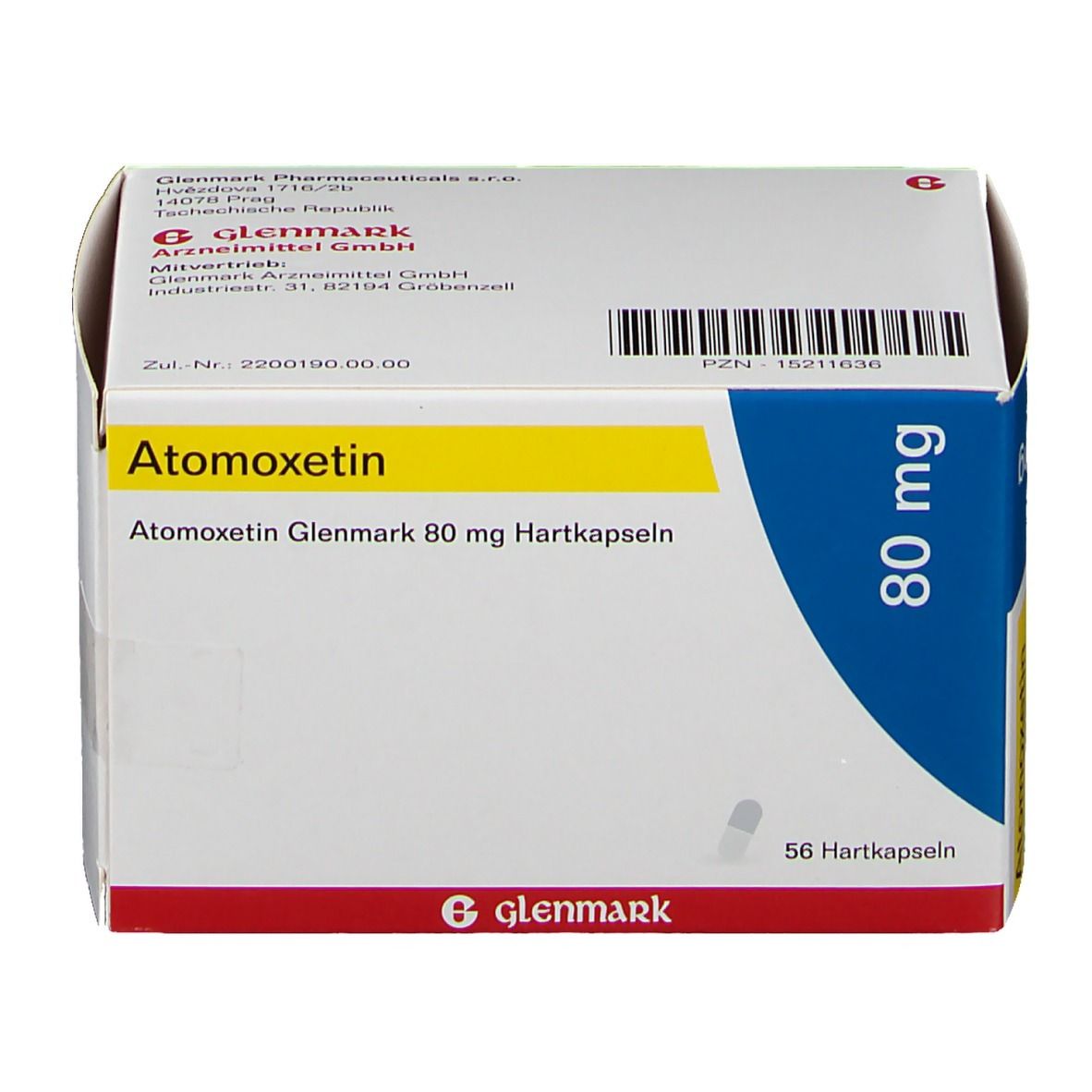 Atomoxetin Glenmark 80 mg Hartkapseln. Weiße Schachtel mit blauer und gelber Beschriftung. 56 Hartkapseln. Glenmark Logo.