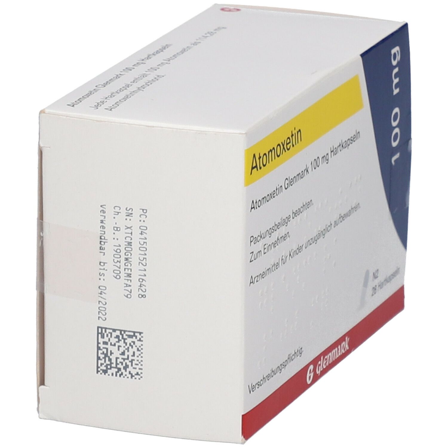 Atomoxetin Glenmark 100 mg Packung, Seitenansicht. Weiß mit gelben und blauen Elementen. Text: 100 mg, Glenmark, Chargennummer, Verfallsdatum.