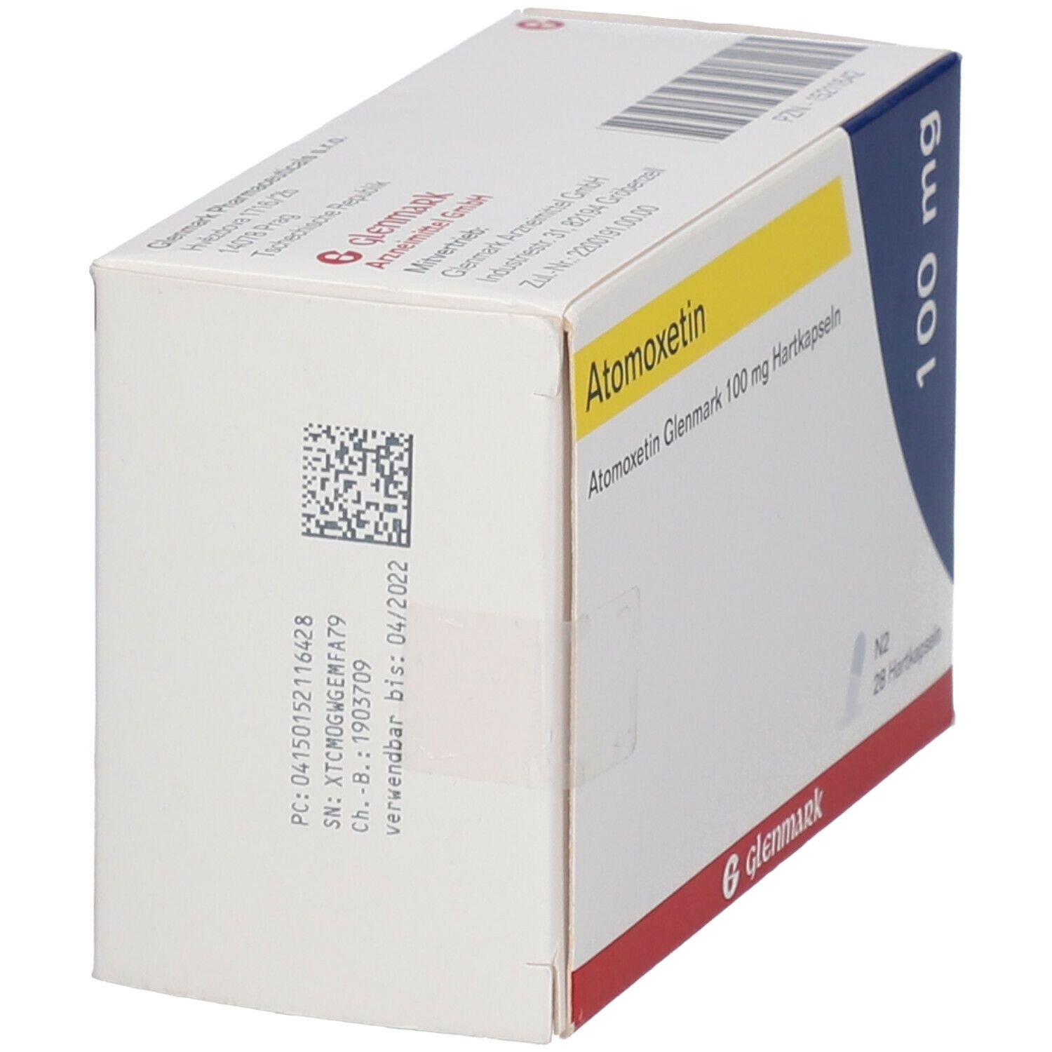Atomoxetin Glenmark 100 mg Packung, Seitenansicht. Weiß mit gelben und blauen Elementen. Text: 100 mg, Glenmark, Chargennummer, Verfallsdatum.