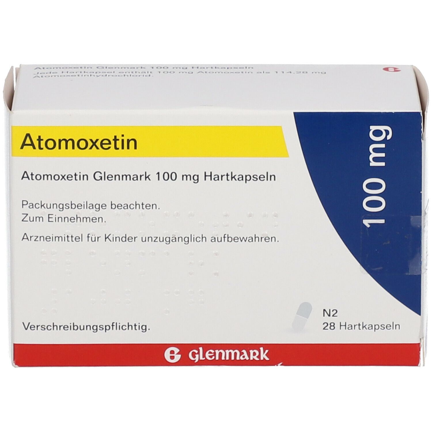 Atomoxetin Glenmark 100 mg Hartkapseln-Packung. Gelb-weißes Rechteck mit blauer Ecke. Text: 100 mg, 28 Hartkapseln, Glenmark.
