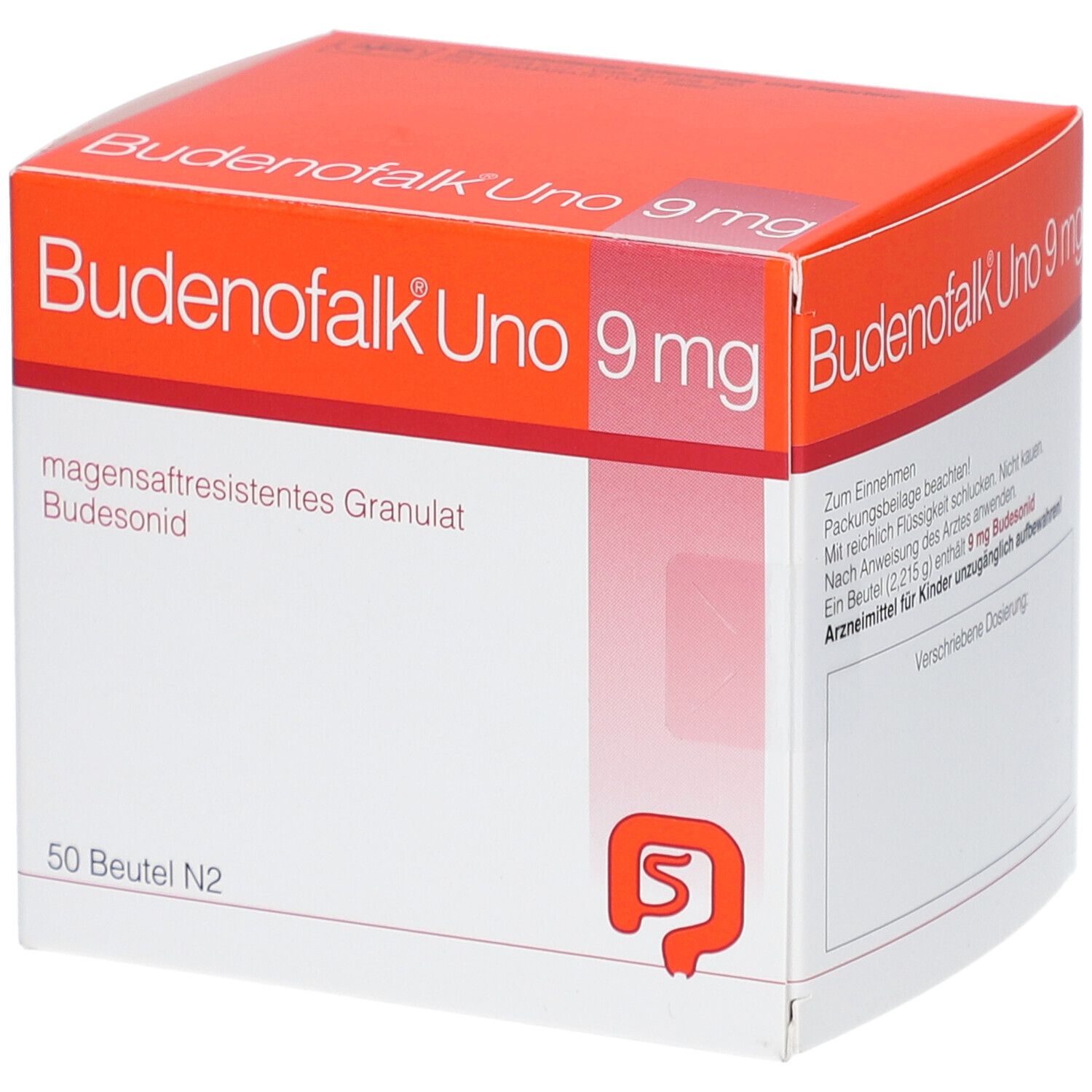 Schachtel Budenofalk Uno 9 mg, magensaftresistentes Granulat. 50 Beutel. Orange-weißes Design mit Logo.