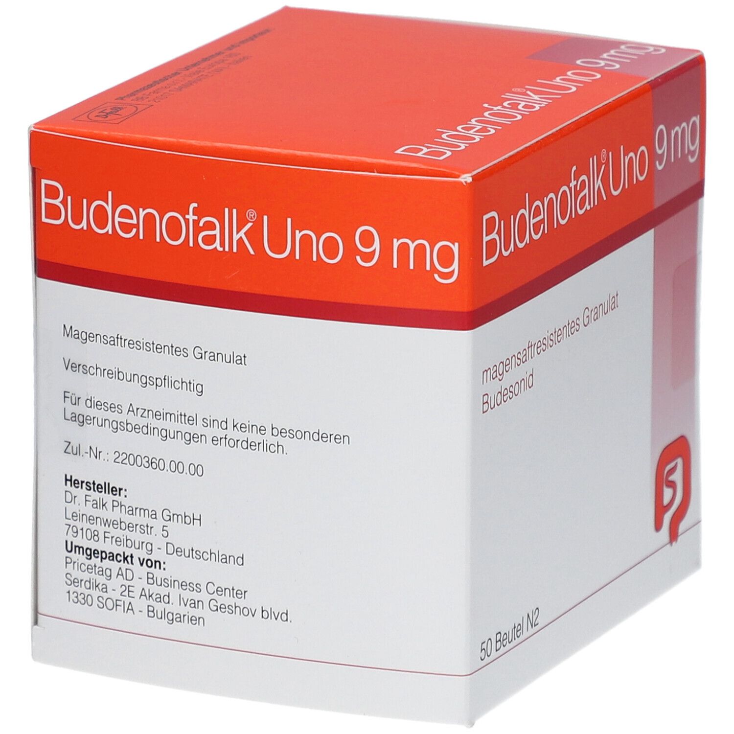 Schachtel Budenofalk Uno 9 mg, magensaftresistentes Granulat. Herstellerinformationen und Logo.