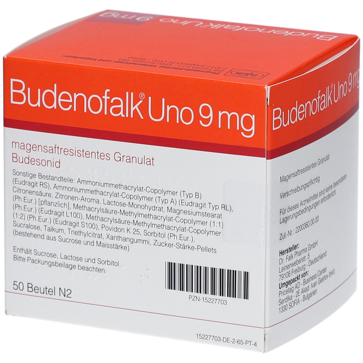 Schachtel Budenofalk Uno 9 mg, magensaftresistentes Granulat. Inhaltsstoffe und Logo.